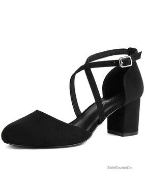 Women's Low Block Heel Pumps Closed Round Toe Cross Strap Buckle Dress Shoes
